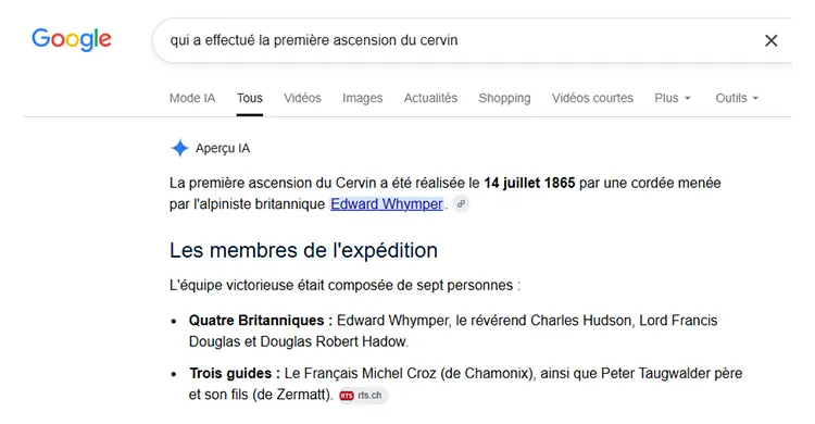 Exemple d’aperçu IA sur une requête informationnelle